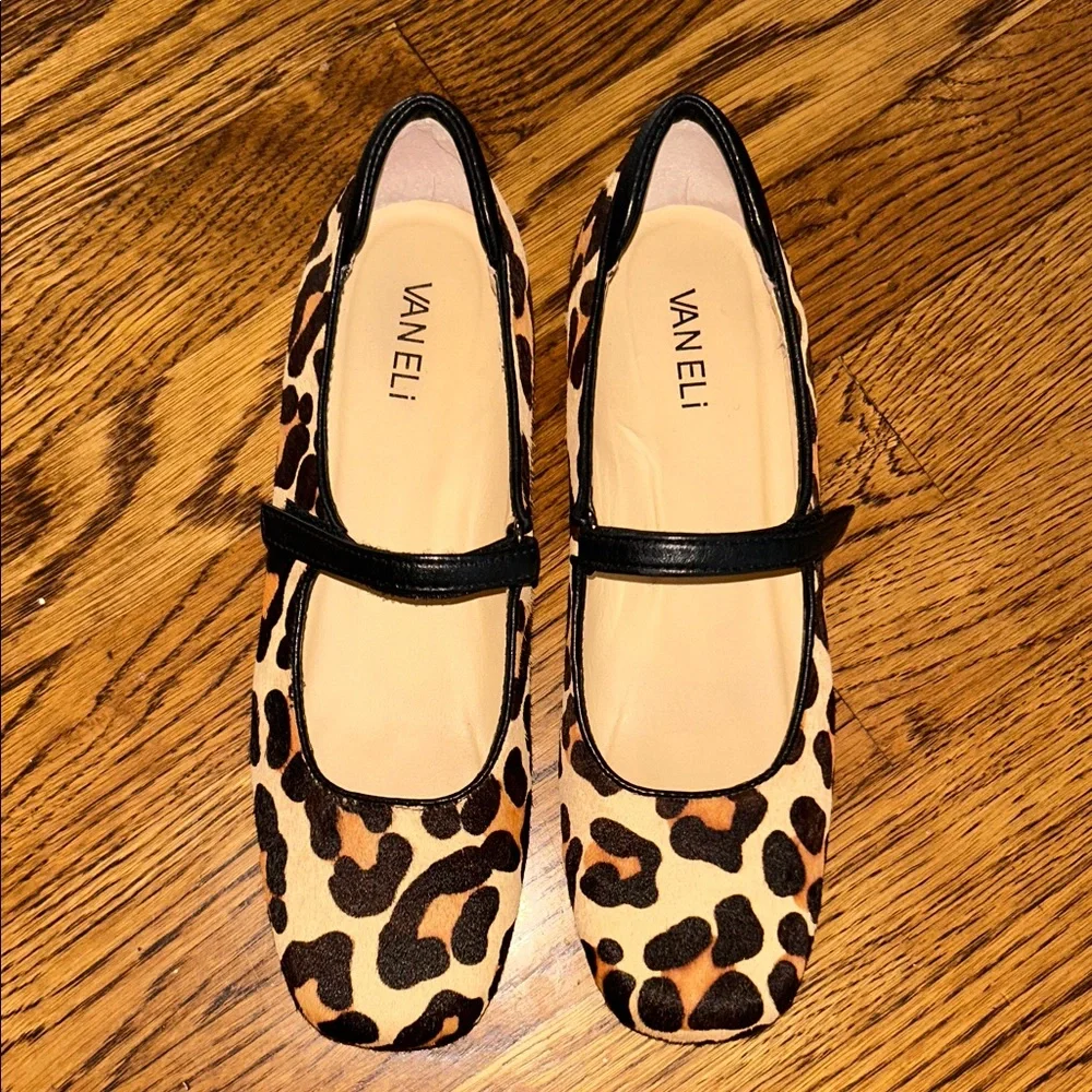 Van Eli Calf Hair Leopard Print Mary Jane Flats with Black Trim - Picture 2 of 8